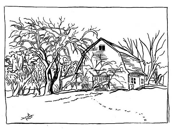 Winter, : A Typical Coutryside Barn on Winter Season Coloring Page