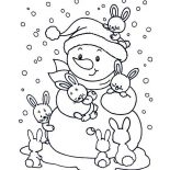 Winter, Friendly Mr Snowman With Bunch Of Rabits During Winter Season Coloring Page: Friendly Mr Snowman with Bunch of Rabits During Winter Season Coloring Page