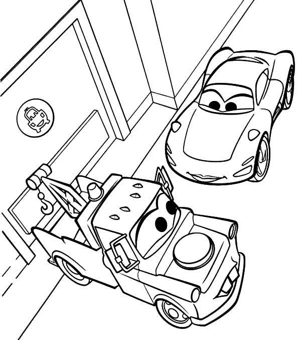 Mater, : Disney Cars Sally and Mater Meet at Street Coloring Pages