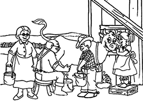 Milking Cow, : Farmer Family Doing Milking Cow Coloring Pages