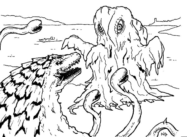 Godzilla, : Godzilla Facing Sea Monster Coloring Pages
