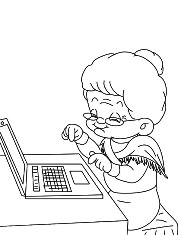 Grandmother, : Grandmother Typing on Laptop Coloring Pages