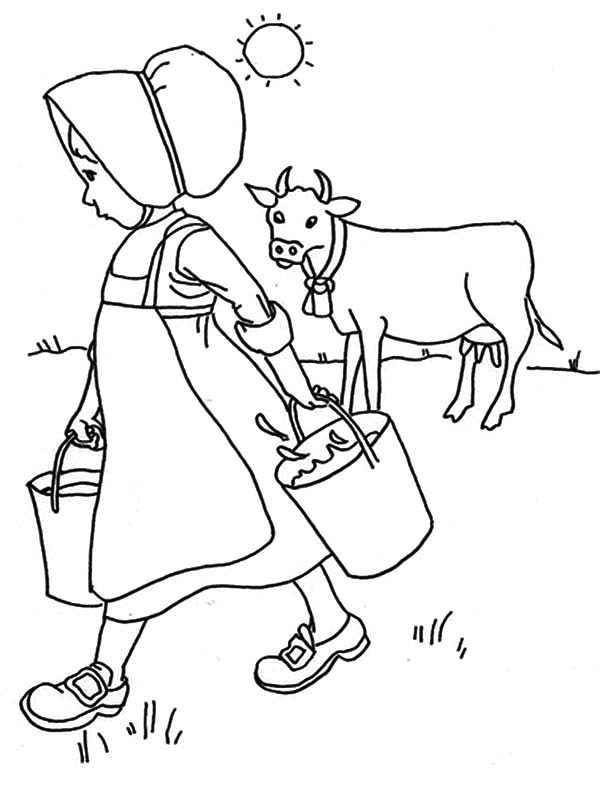 Milking Cow, : Little Girl Done Milking Cow Coloring Pages