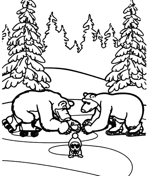 Masha And The Bear, : Masha and the Bear Helping Masha Learn to Skate Coloring Pages