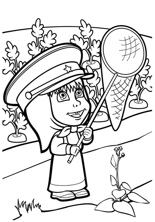 Masha And The Bear, : Masha and the Bear Holding Net to Catch Butterfly Coloring Pages