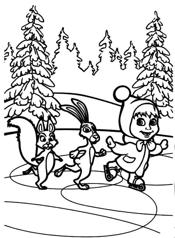 Masha And The Bear, : Masha and the Bear Skiing in Winter Season Coloring Pages